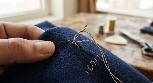 Close up of needle pulling gold thread through navy blue wool fabric